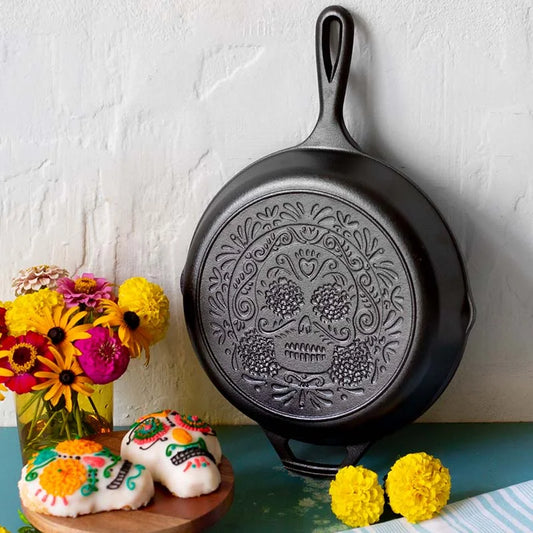 10.25 Inch Seasoned Cast Iron Sugar Skull Skillet